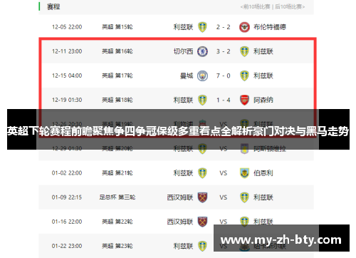 英超下轮赛程前瞻聚焦争四争冠保级多重看点全解析豪门对决与黑马走势 英超下轮赛程前瞻聚焦争四争冠保级多重看点全解析豪门对决与黑马走势