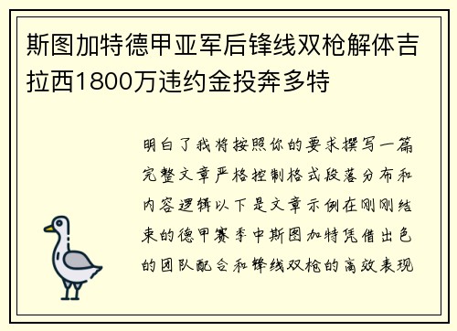 斯图加特德甲亚军后锋线双枪解体吉拉西1800万违约金投奔多特 斯图加特德甲亚军后锋线双枪解体吉拉西1800万违约金投奔多特