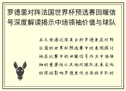 罗德里对阵法国世界杯预选赛回暖信号深度解读揭示中场领袖价值与球队走向